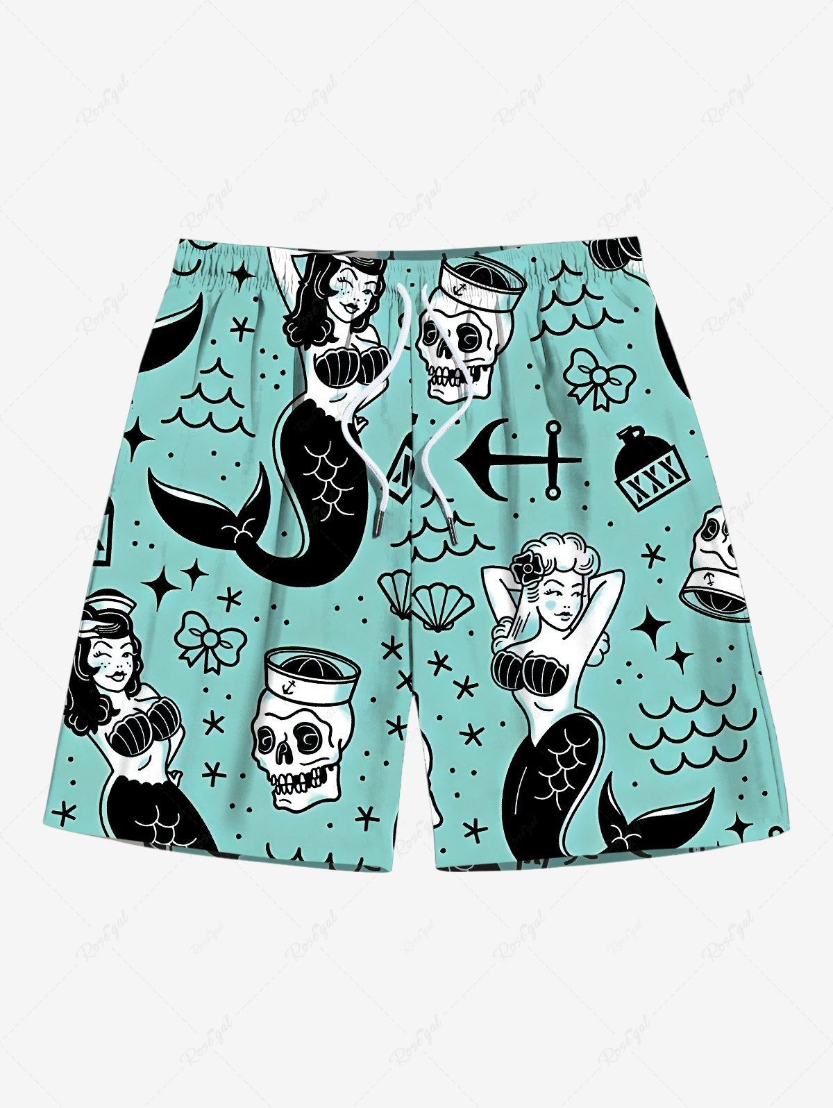 Sale Plus Size Skulls Mermaid Star Anchor Bowknot Print Hawaii Beach Shorts For Men  
