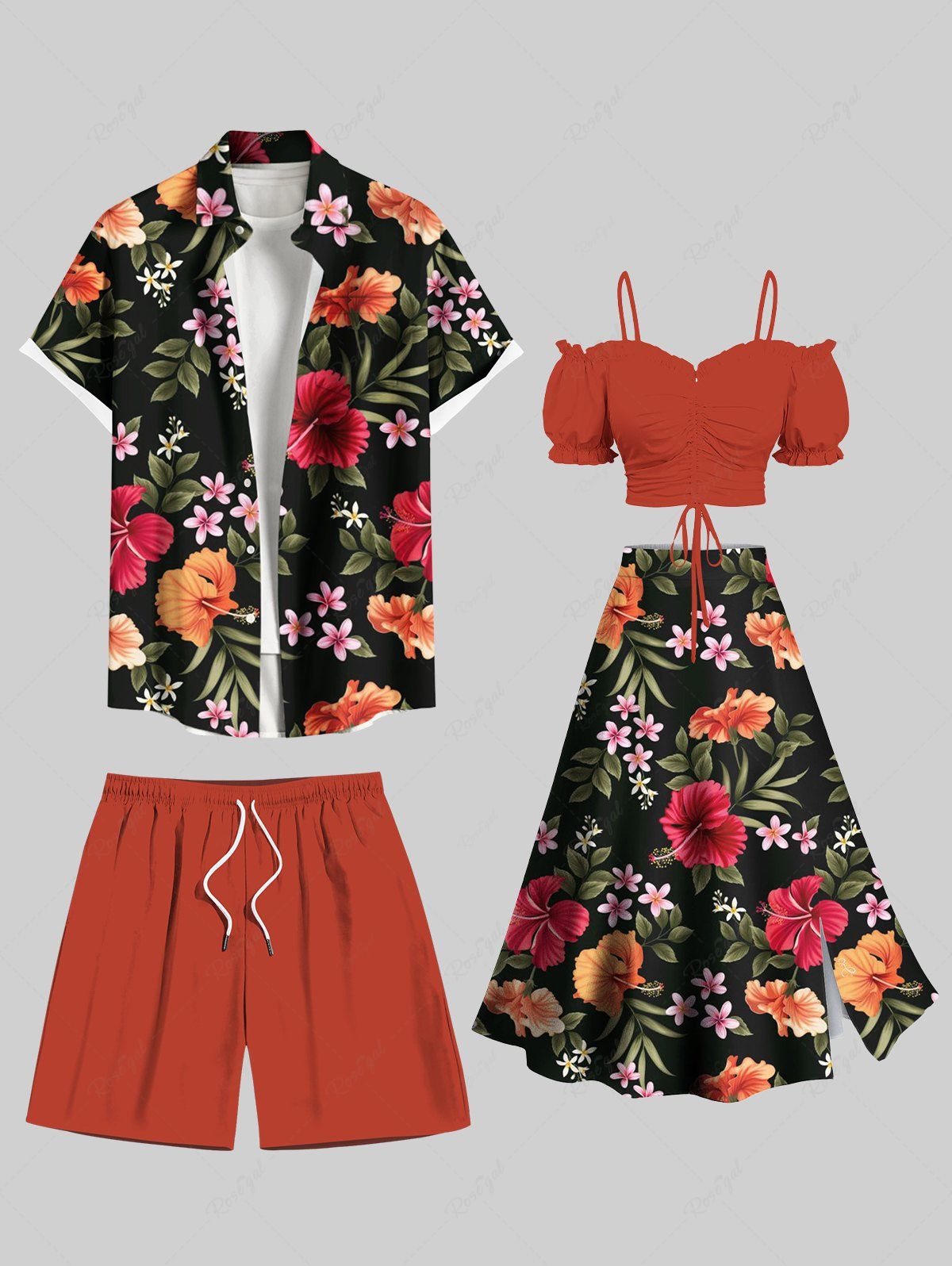 Buy Tropical Leaf Hibiscus Flower Print Plus Size Matching Hawaii Beach Outfit For Couples  
