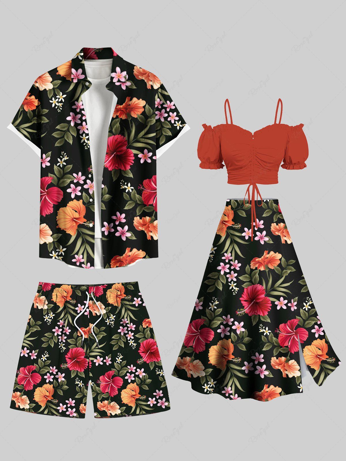 Hot Tropical Leaf Hibiscus Flower Print Plus Size Matching Hawaii Beach Outfit For Couples  