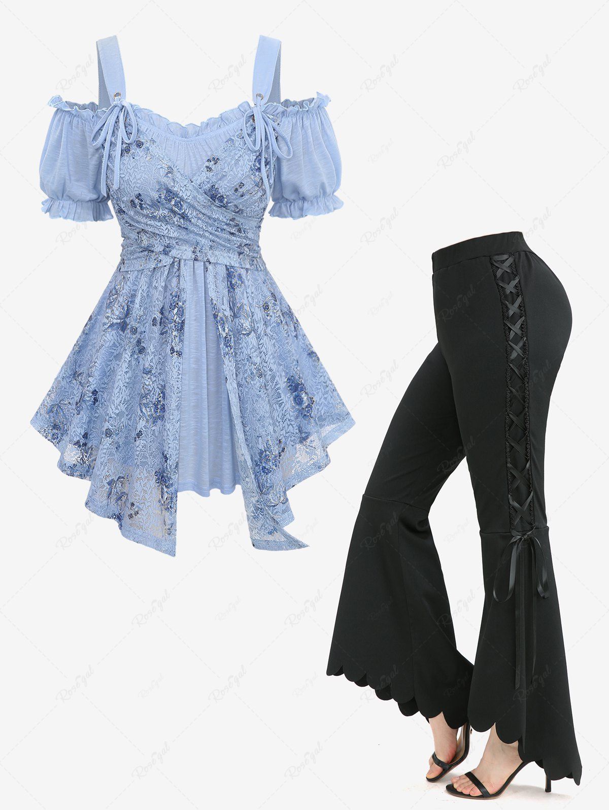 Online Gilding Rose Flower Crossover Top and Lace Up Scalloped Hem Asymmetric Flare Pants Plus Size Outfit  