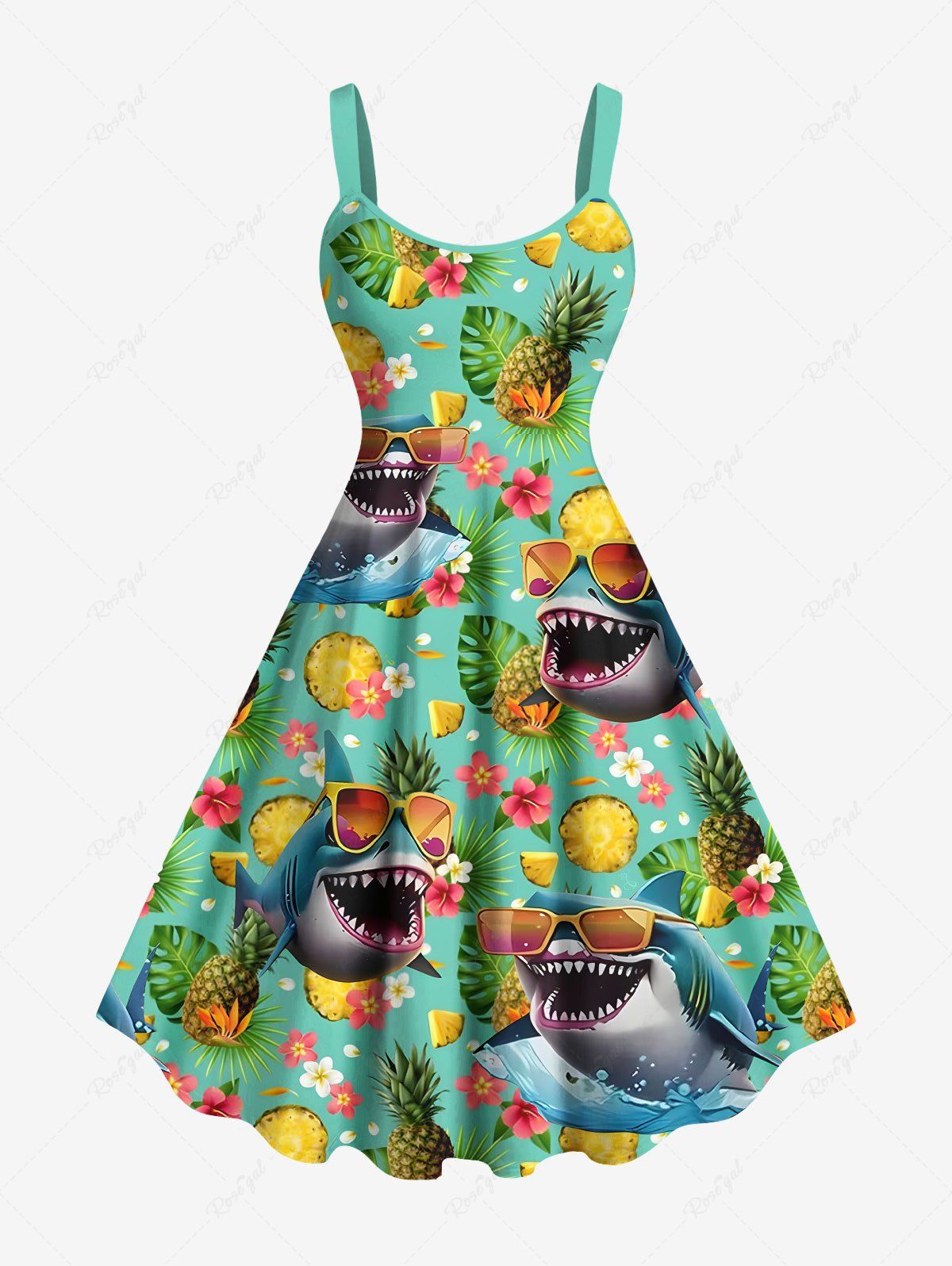Robe débardeur hawaïenne grande taille à imprimé requins, ananas, feuilles tropicales et fleurs Vert 6X