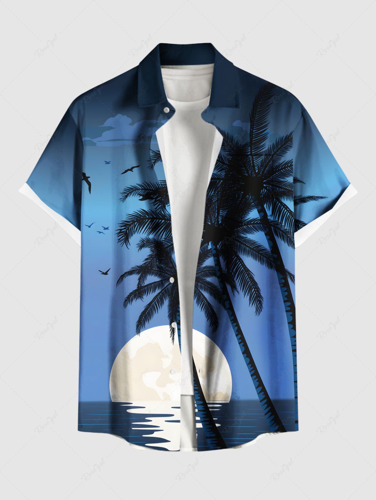 Chemise hawaïenne grande taille à imprimé cocotiers, soleil, oiseaux et boutons avec poches pour homme Bleu M