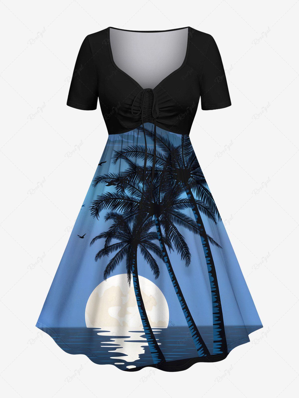 Robe hawaïenne cintrée grande taille à imprimé cocotiers, soleil et oiseaux Bleu 6X