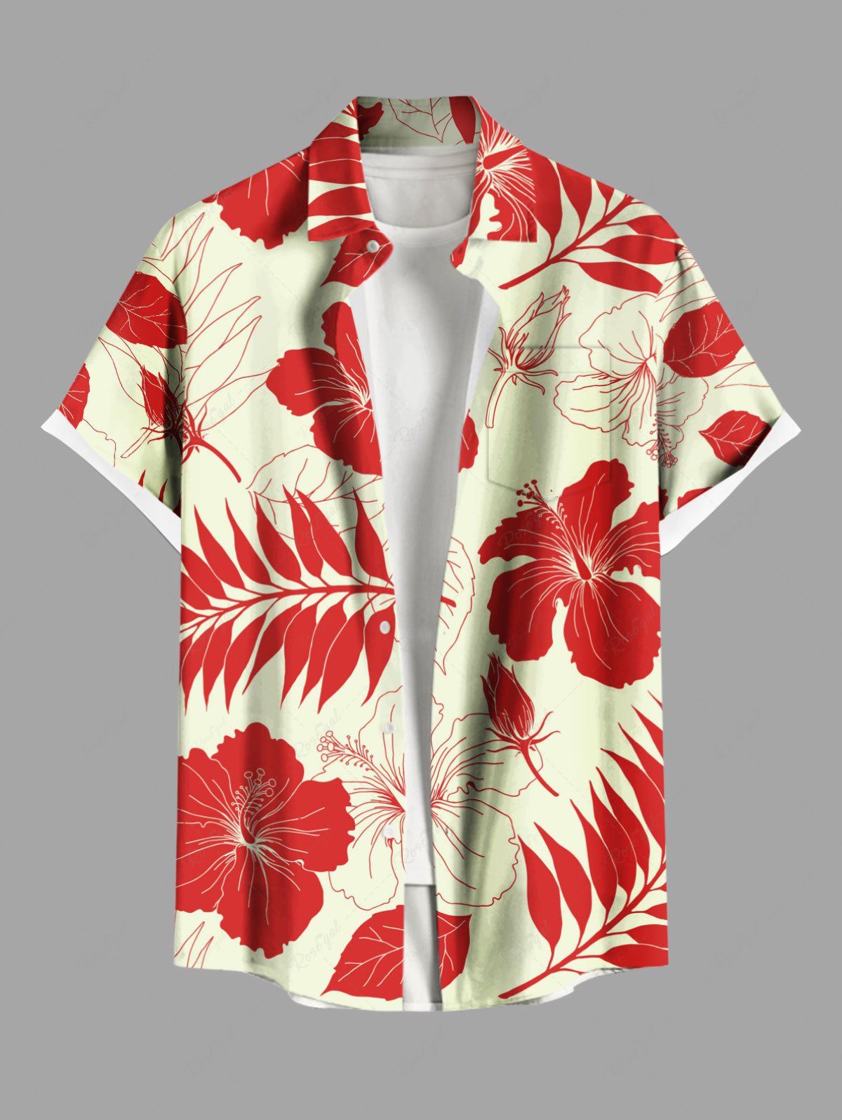 Store Plus Size Hibiscus Flower Leaf Tropical Print Buttons Pocket Hawaii Shirt For Men  