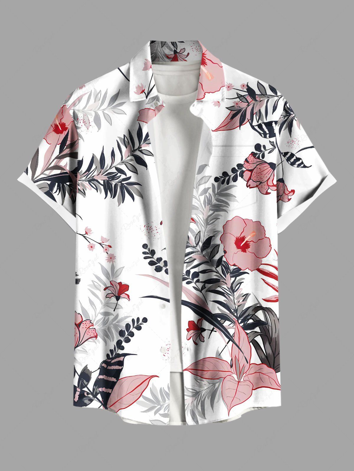 Discount Plus Size Hibiscus Flowers Leaf Print Buttons Pocket Hawaii Shirt For Men  
