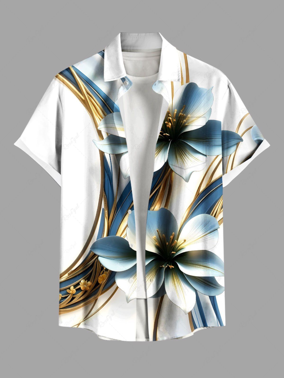 Chemise hawaïenne grande taille à imprimé floral métallisé et poches à boutons pour homme Blanc 4XL