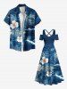 Tenue de plage hawaïenne assortie grande taille à imprimé tropical, motif hibiscus et fleurs marines, pour couples - Bleu Ciel 