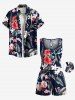 Ensemble chemise et barboteuse hawaïennes assorties, grande taille, imprimé feuilles tropicales et fleurs d'hibiscus, pour couples - Noir 