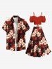 Tenue de plage hawaïenne assortie grande taille à imprimé feuilles tropicales et fleurs d'hibiscus pour couples - Rouge 
