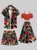 Plus Size Tropical Leaf Hibiscus Flower Print Hawaii Drawstring Pocket Beach Shorts For Men -  