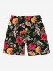 Plus Size Tropical Leaf Hibiscus Flower Print Hawaii Drawstring Pocket Beach Shorts For Men -  