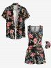 Plus Size Tropical Leaf Hibiscus Flower Print Hawaii Drawstring Pocket Romper -  