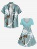 Plus Size Coconut Tree Light Beam Striped Print Hawaii Cinched A Line Dress -  