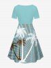 Plus Size Coconut Tree Light Beam Striped Print Hawaii Cinched A Line Dress -  