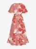 Plus Size Hibiscus Flower Leaf Branch Print Hawaii Split Pocket A Line Midi Dress -  