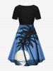 Robe hawaïenne cintrée grande taille à imprimé cocotiers, soleil et oiseaux - Bleu 4X
