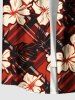 Plus Size Plaid Hibiscus Flower Tropical Leaf Print Buttons Pocket Hawaii Shirt For Men -  