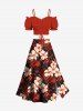 Jupe hawaïenne fendue grande taille à carreaux, imprimé fleurs d'hibiscus et feuilles tropicales - Rouge 3X