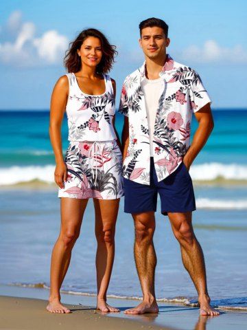 Matching Hawaii Shirt and Romper Plus Size Beach Outfit Tropical Leaf Hibiscus Printed for Couples - WHITE