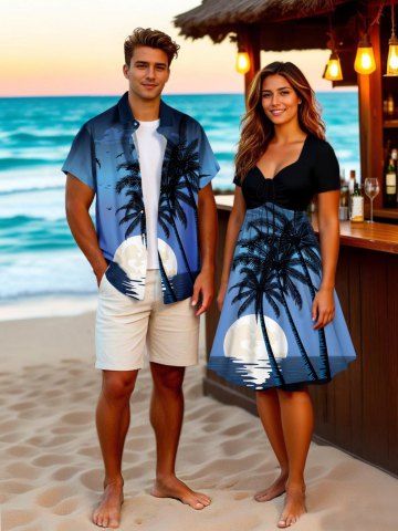 Coconut Tree Sun Bird Print Plus Size Matching Hawaii Beach Outfit For Couples - BLUE