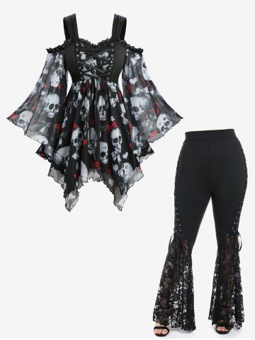 Skull Bowknot Heart Print Mesh Handkerchief Top and Lace Panel Flare Pants with Lace-up Plus Size Outfit - BLACK