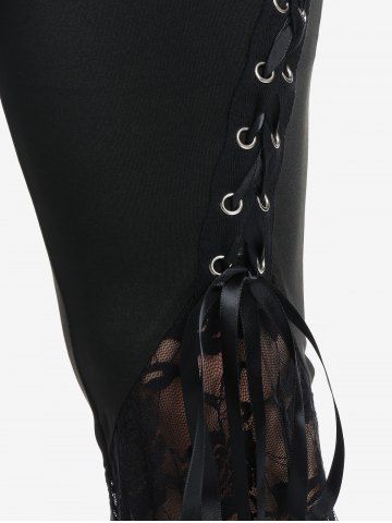 Flower Mesh Flocking Patchwork Textured Top and Lace Panel Flare Pants with Lace-up Plus Size Outfit