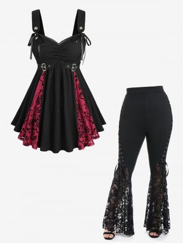 Flower Mesh Flocking Patchwork Textured Top and Lace Panel Flare Pants with Lace-up Plus Size Outfit - DEEP RED