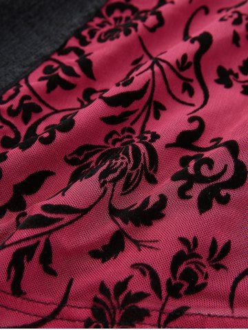 Flower Mesh Flocking Patchwork Textured Top and Lace Panel Flare Pants with Lace-up Plus Size Outfit