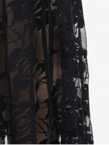 Flower Mesh Flocking Patchwork Textured Top and Lace Panel Flare Pants with Lace-up Plus Size Outfit