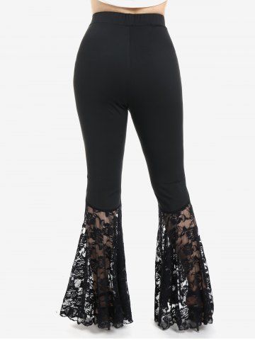 Flower Mesh Flocking Patchwork Textured Top and Lace Panel Flare Pants with Lace-up Plus Size Outfit