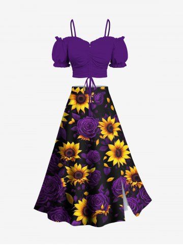Solid Cinched Top and Sunflower Rose Flower Print Hawaii Split A Line Skirt Plus Size Matching Set - PURPLE