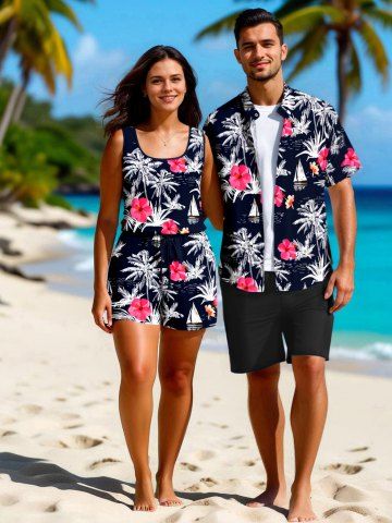 Matching Hawaii Shirt and Romper Plus Size Beach Outfit Coconut Tree Hibiscus Flower Sea Sailboat Print For Couples