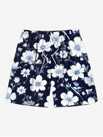 Plus Size Flower Leaf Branch Print Hawaii Drawstring Pocket Beach Shorts For Men - BLACK - 8XL