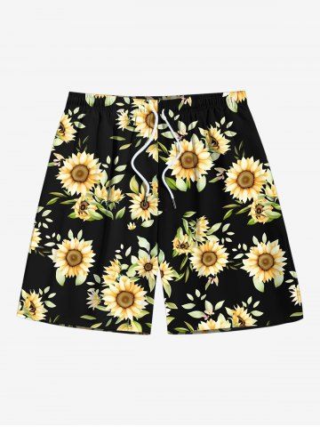 Plus Size Sunflower Leaf Print Hawaii Drawstring Pocket Beach Shorts For Men - BLACK - 5XL