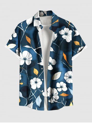 Plus Size Hibiscus Flower Leaf Ombre Print Hawaii Button Pocket Shirt For Men - BLUE - 4XL