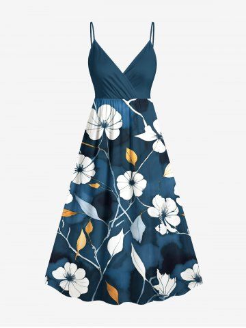 Plus Size Hibiscus Flower Leaf Ombre Print Hawaii Surplice A Line Cami Dress - DEEP GREEN - 2X