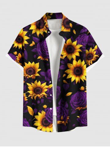 Plus Size Sunflower Rose Flower Print Hawaii Button Pocket Shirt For Men - PURPLE - 6XL