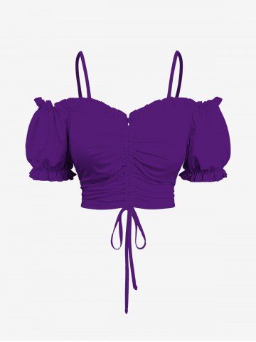 Plus Size Cold Shoulder Puff Sleeve Solid Cinched Top - PURPLE - S