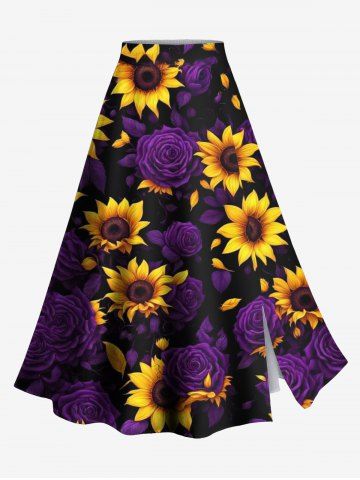 Plus Size Sunflower Rose Flower Print Hawaii Split A Line Skirt - PURPLE - M