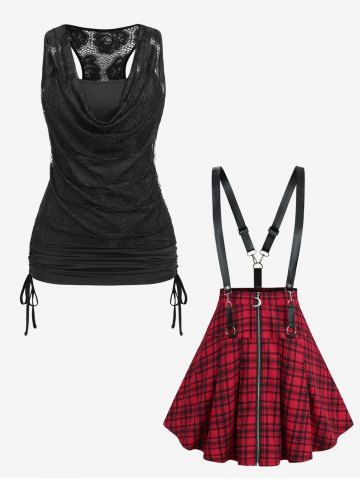 Cowl Neck Rose Lace Panel Cinched Tank Top and Plaid Print Moon Zipper Suspender Skirt Plus Size Outfit - BLACK