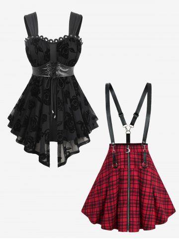 Rose Flocking Mesh Lace-up Tank Top and Plaid Print Moon Zipper Suspender Skirt Plus Size Outfit - BLACK