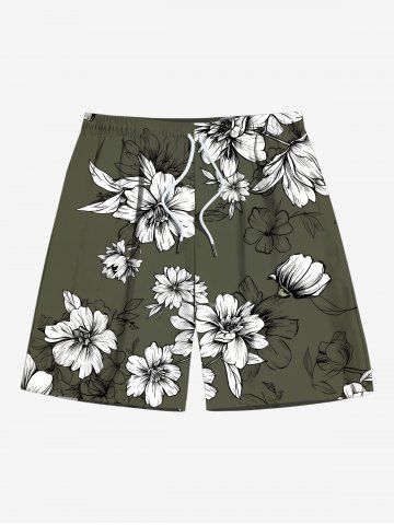 Plus Size Flowers Leaf Print Hawaii Beach Shorts For Men - DEEP GREEN - 7XL