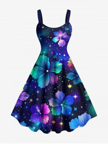 Plus Size Galaxy Star Hibiscus Flowers Print Hawaii Tank Dress - BLACK - XXS