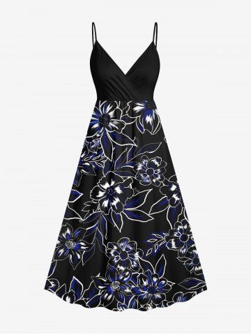 Plus Size Flowers Leaf Print Surplice Hawaii Cami Dress - BLACK - 1X