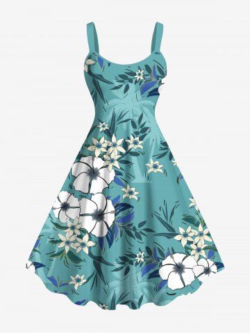 Plus Size Flowers Leaf Coconut Tree Print Hawaii Tank Dress - GREEN - M