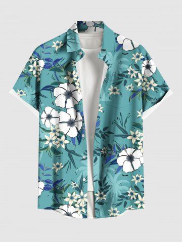 Plus Size Flowers Leaf Coconut Tree Print Buttons Pocket Hawaii Shirt For Men - GREEN - S