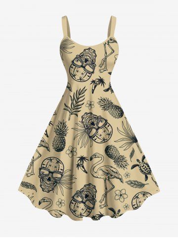 Plus Size Pineapple Skulls Flowers Leaf Flamingo Print Hawaii Tank Dress - LIGHT COFFEE - 3X