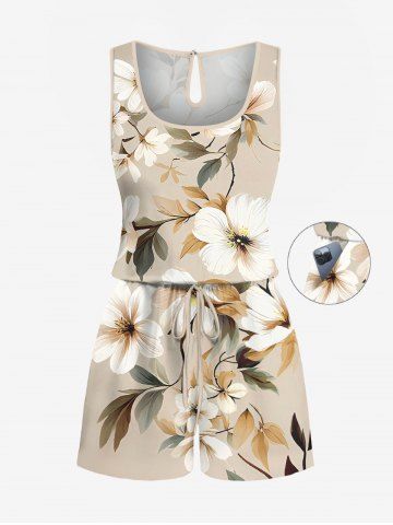 Plus Size Flowers Leaf Print Cinched Hawaii Romper - LIGHT COFFEE - 2X