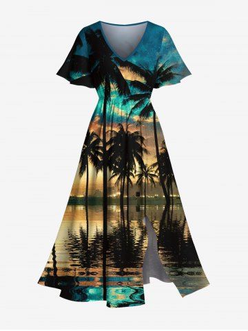 Plus Size Coconut Tree Sea Reflection Cloud Print Split Hawaii Midi Dress - GREEN - M