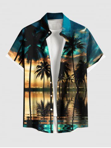 Plus Size Coconut Tree Sea Reflection Cloud Print Buttons Pocket Hawaii Shirt For Men - BLACK - 6XL